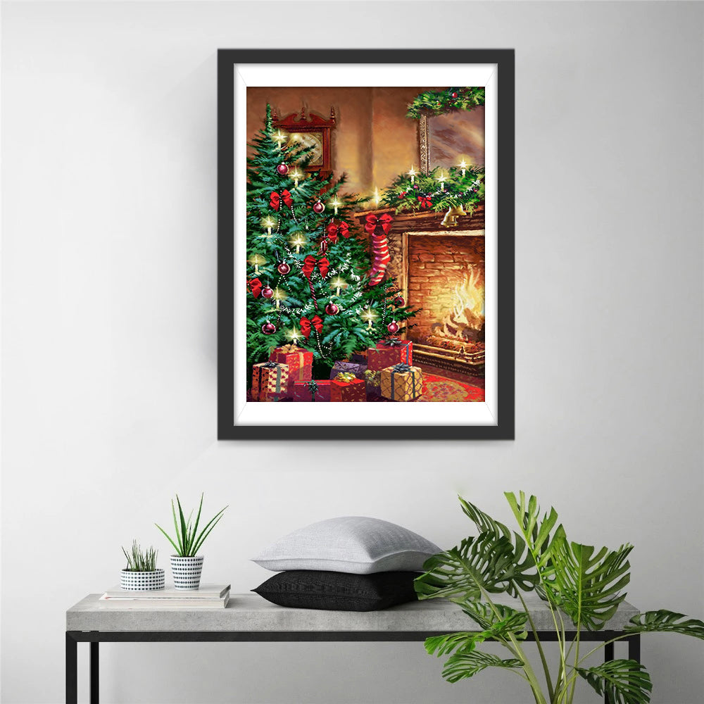 Warm Kerstgevoel bij de Haard met Kerstboom Diamond Painting