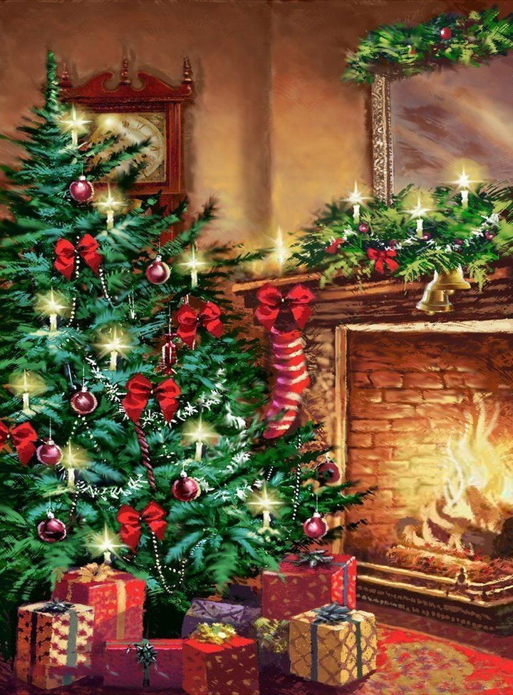 Warm Kerstgevoel bij de Haard met Kerstboom Diamond Painting