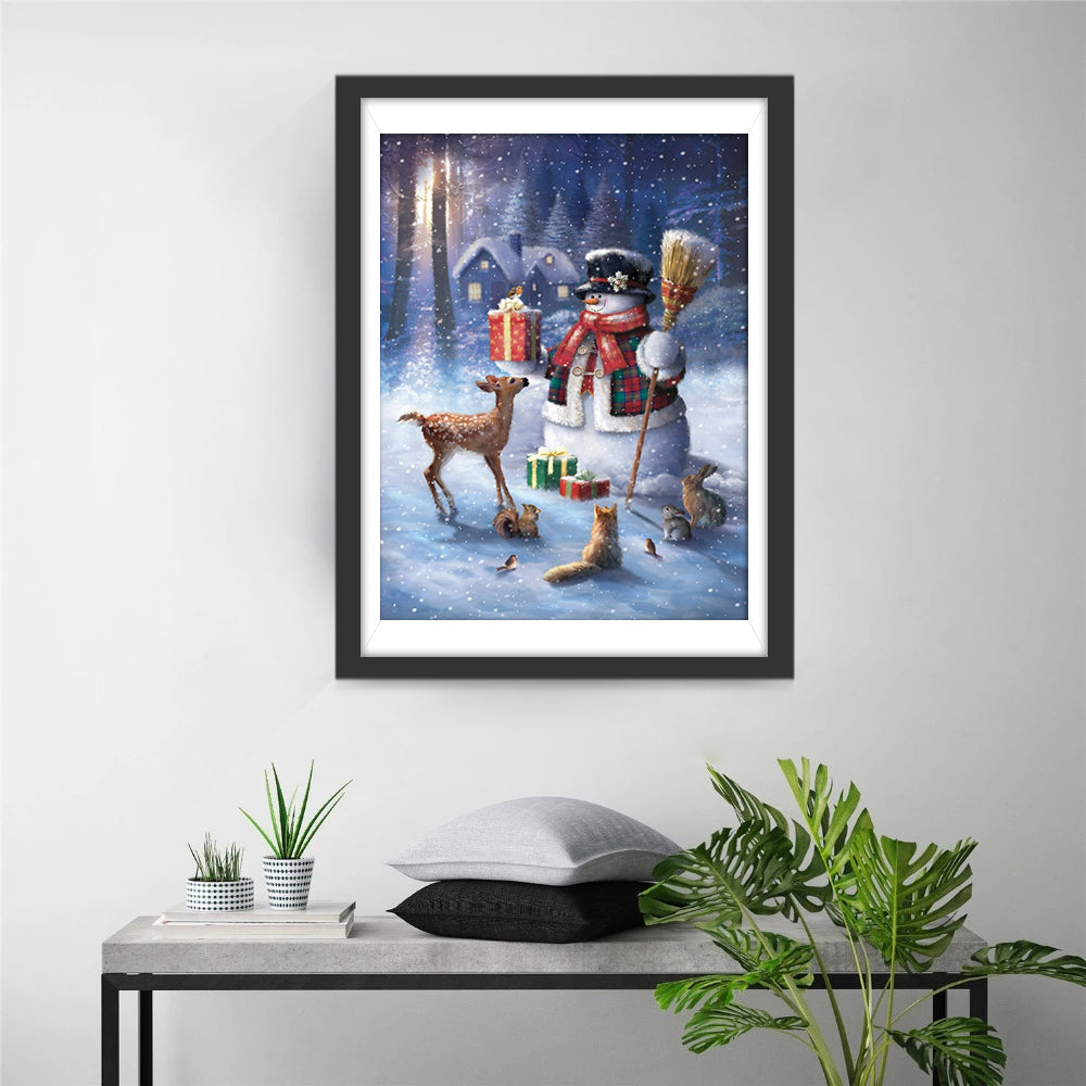Warm Kersttoneel met Sneeuwpop en Dieren Diamond Painting