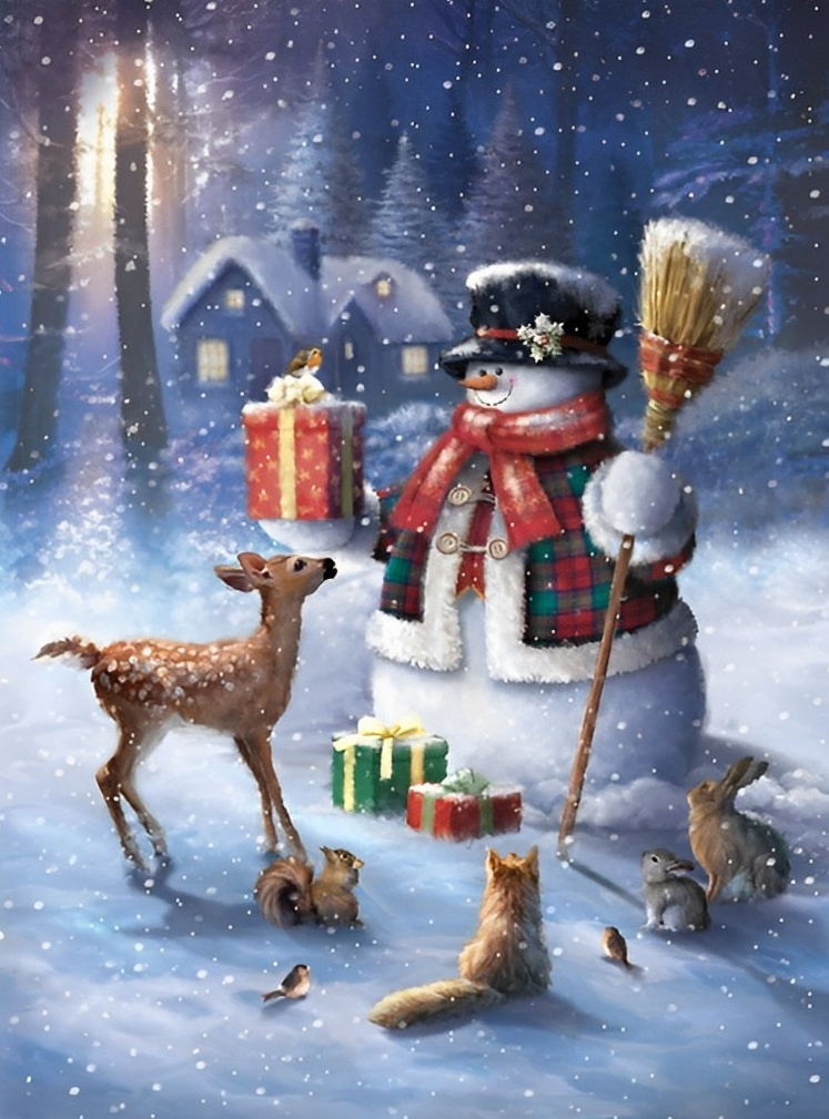 Warm Kersttoneel met Sneeuwpop en Dieren Diamond Painting