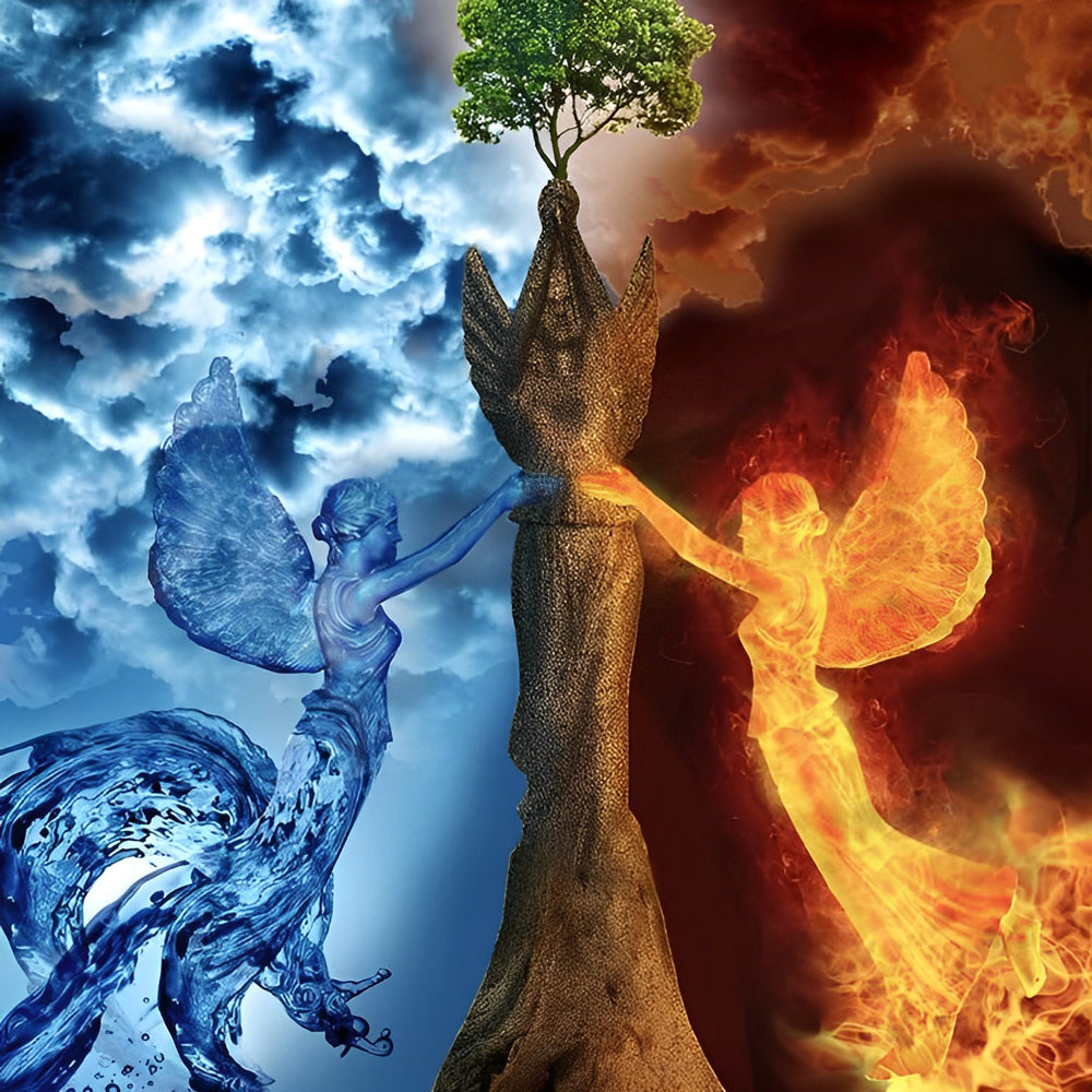 Water- en Vuurengel bij Boomstatuet Diamond Painting