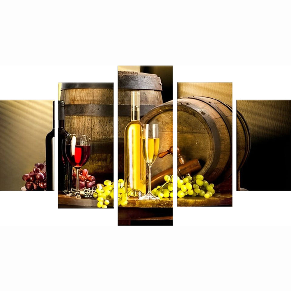 Wijnfles, Wijnglazen, Druiven en Wijnvaten 5 Platen Diamond Painting
