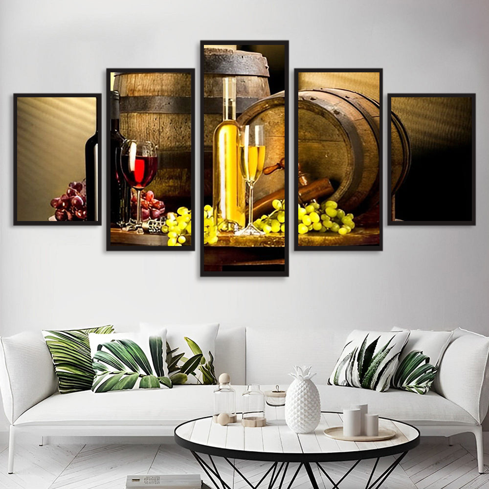 Wijnfles, Wijnglazen, Druiven en Wijnvaten 5 Platen Diamond Painting