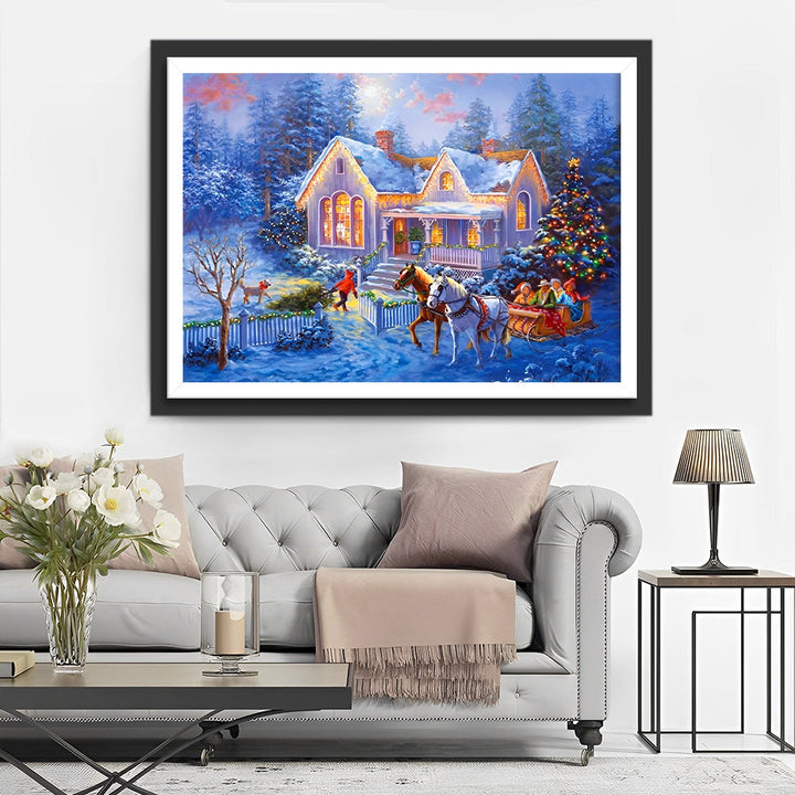 Winters Huis met Verlichte Ramen en Kerstboom Diamond Painting