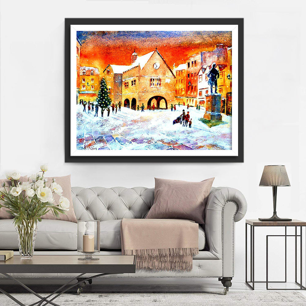 Winters Stadsplein met Kerstboom en Standbeeld Diamond Painting
