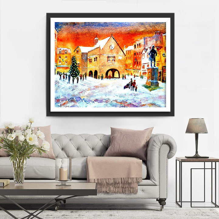 Winters Stadsplein met Kerstboom en Standbeeld Diamond Painting
