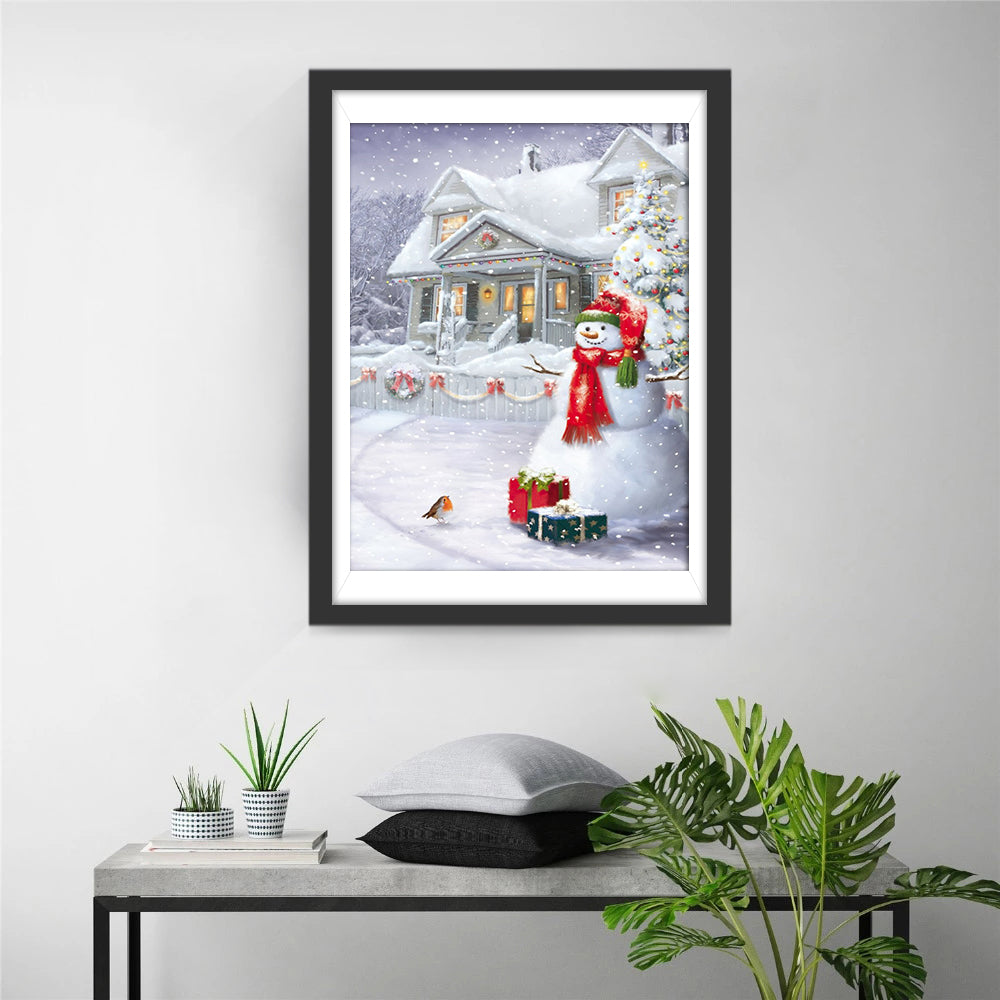 Wintertafereel met Sneeuwman, Vogel en Kersthuis Diamond Painting