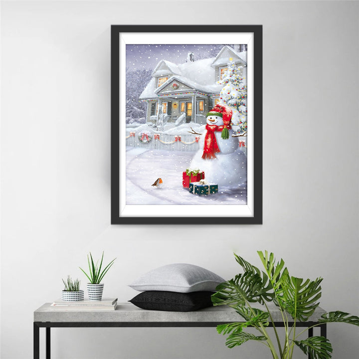 Wintertafereel met Sneeuwman, Vogel en Kersthuis Diamond Painting