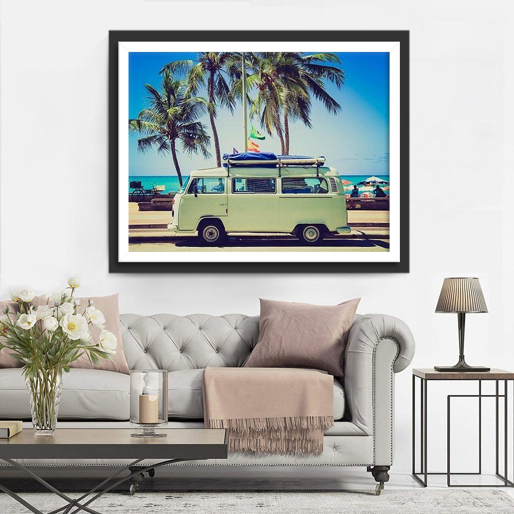 Witte Bus met Surfplank aan Tropische Kust Diamond Painting