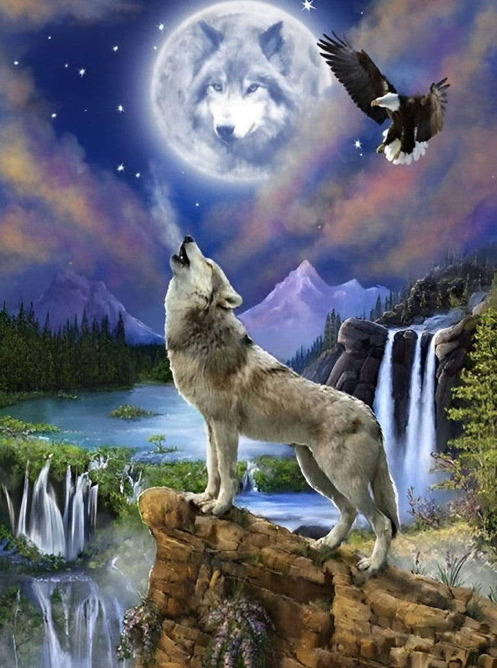 Wolf aan het Huilen onder Maan met Adelaar Diamond Painting