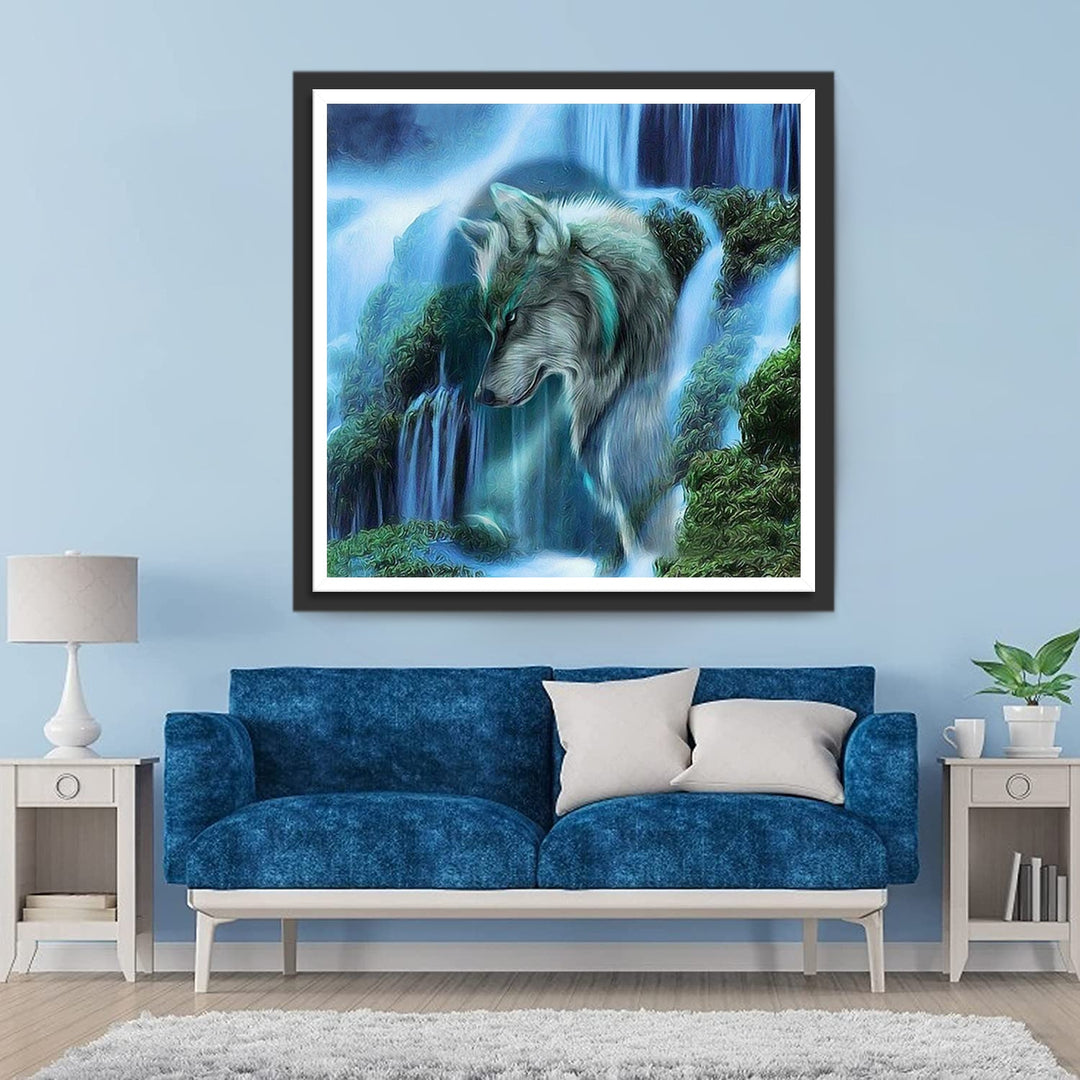Wolf in de Betoverende Waterval Diamond Painting