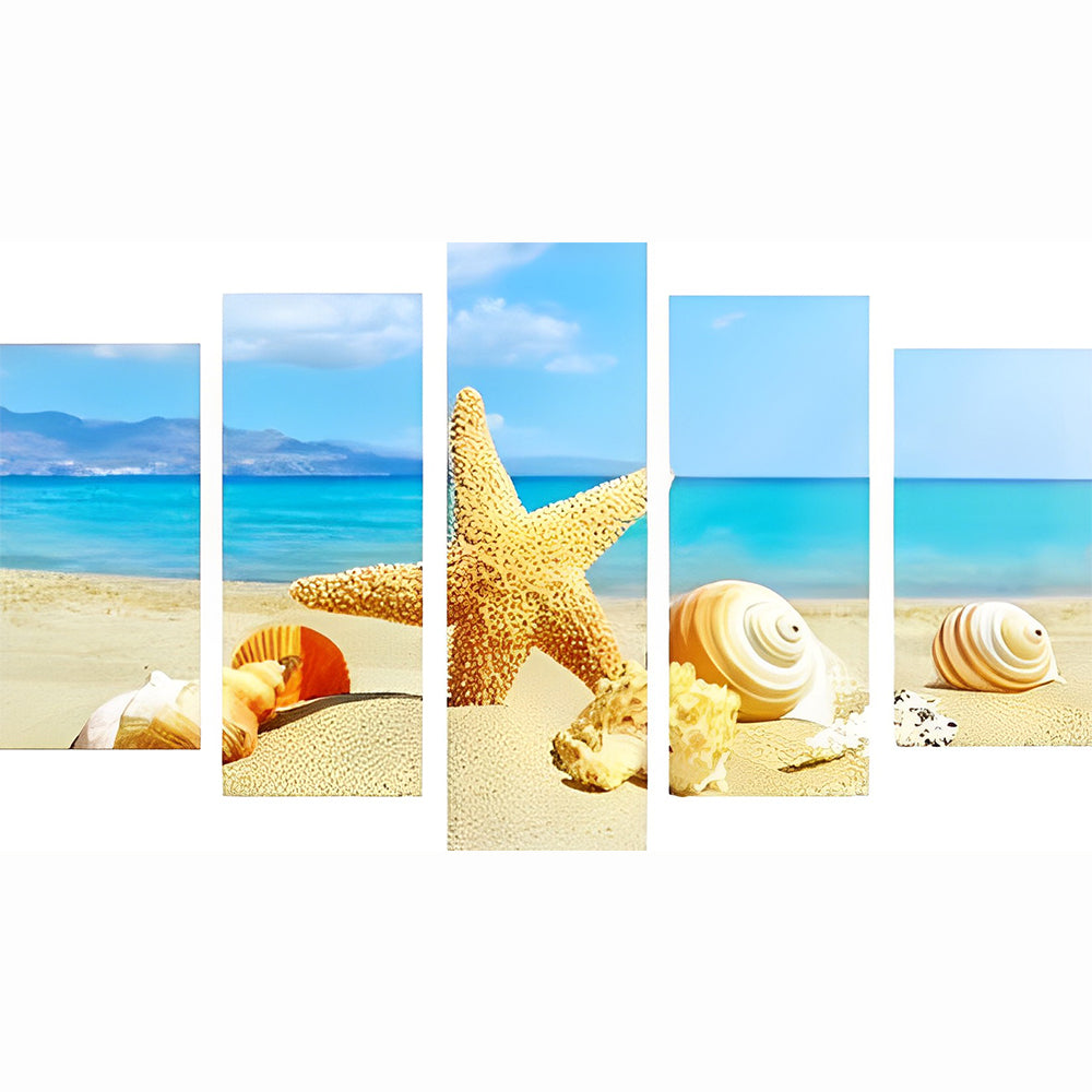 Zeesterren en Schelpen tegen Blauwe Zee - Achtergrond 5 Platen Diamond Painting