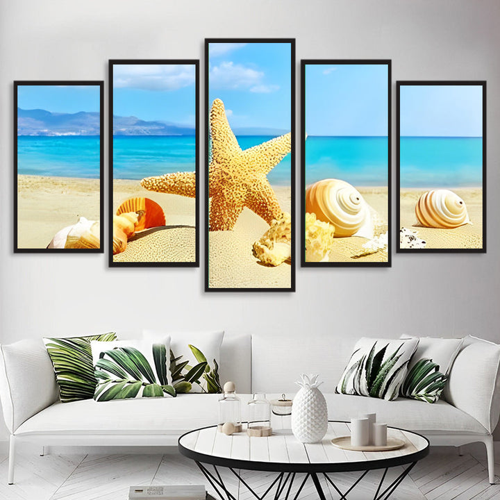 Zeesterren en Schelpen tegen Blauwe Zee - Achtergrond 5 Platen Diamond Painting