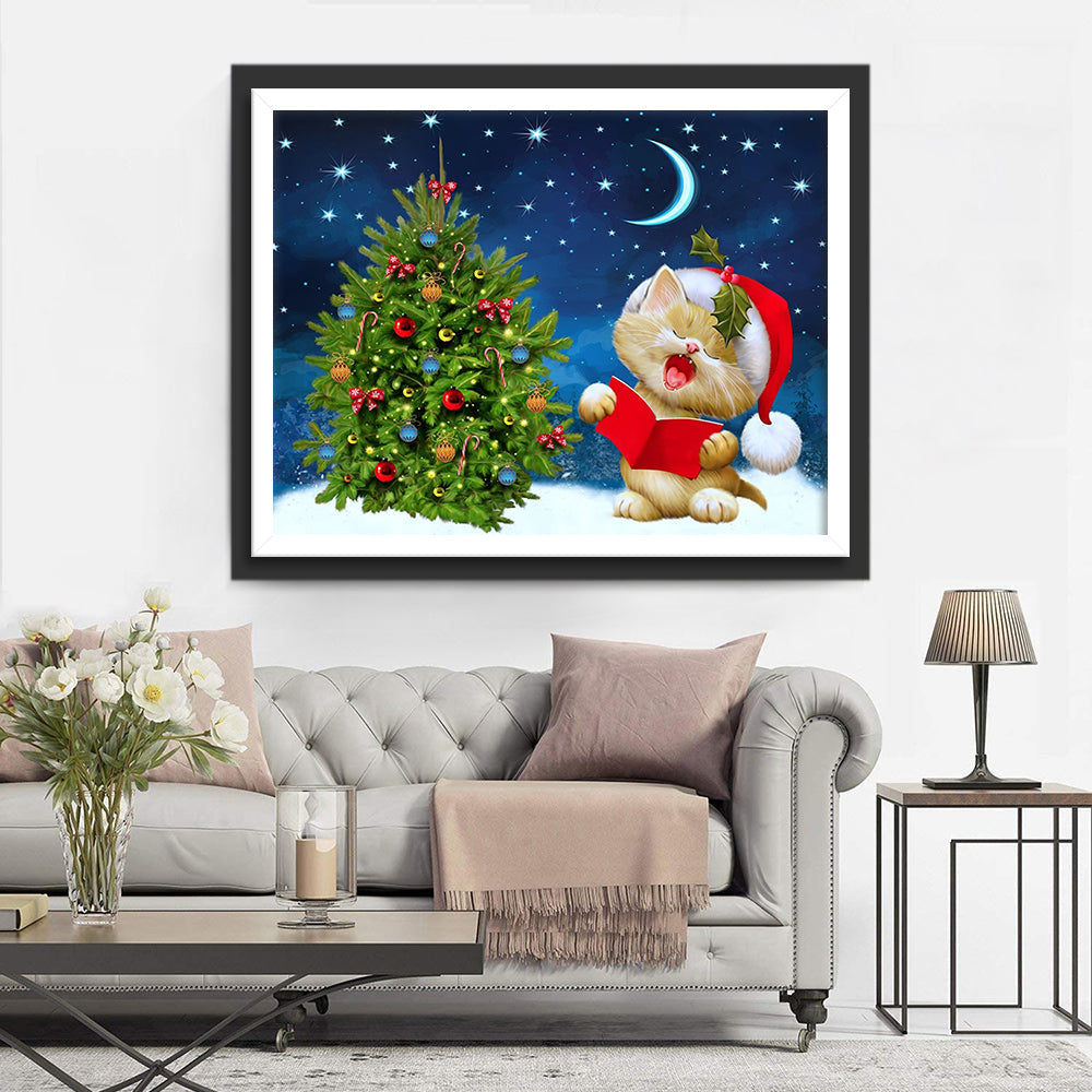 Zingende Kerstkat bij Versierde Boom Diamond Painting