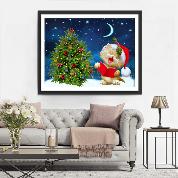 Zingende Kerstkat bij Versierde Boom Diamond Painting