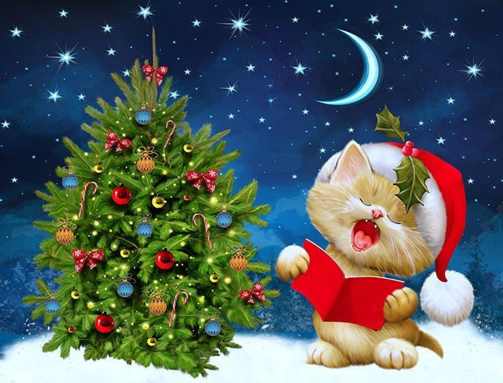 Zingende Kerstkat bij Versierde Boom Diamond Painting