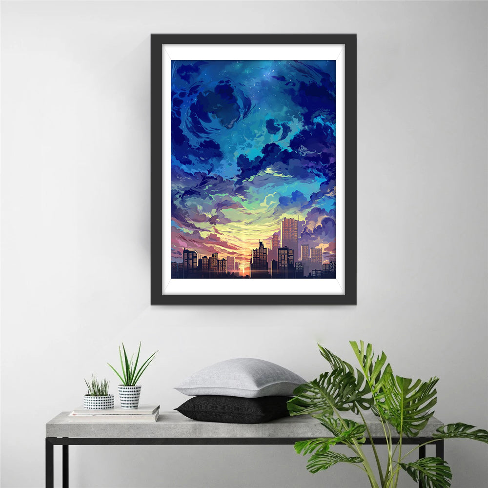 Zonsondergangskleuren en Sterrenlicht boven de Stad Diamond Painting