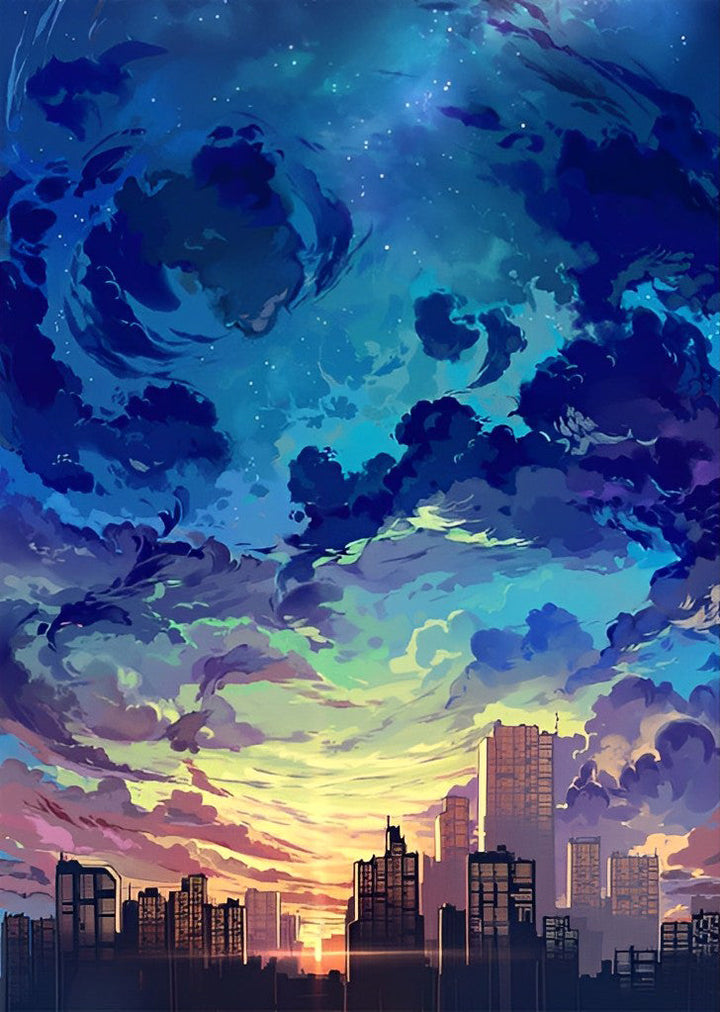 Zonsondergangskleuren en Sterrenlicht boven de Stad Diamond Painting