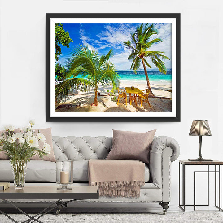 Zorgeloze Sfeer van het Tropische Zandstrand met Palmen Diamond Painting