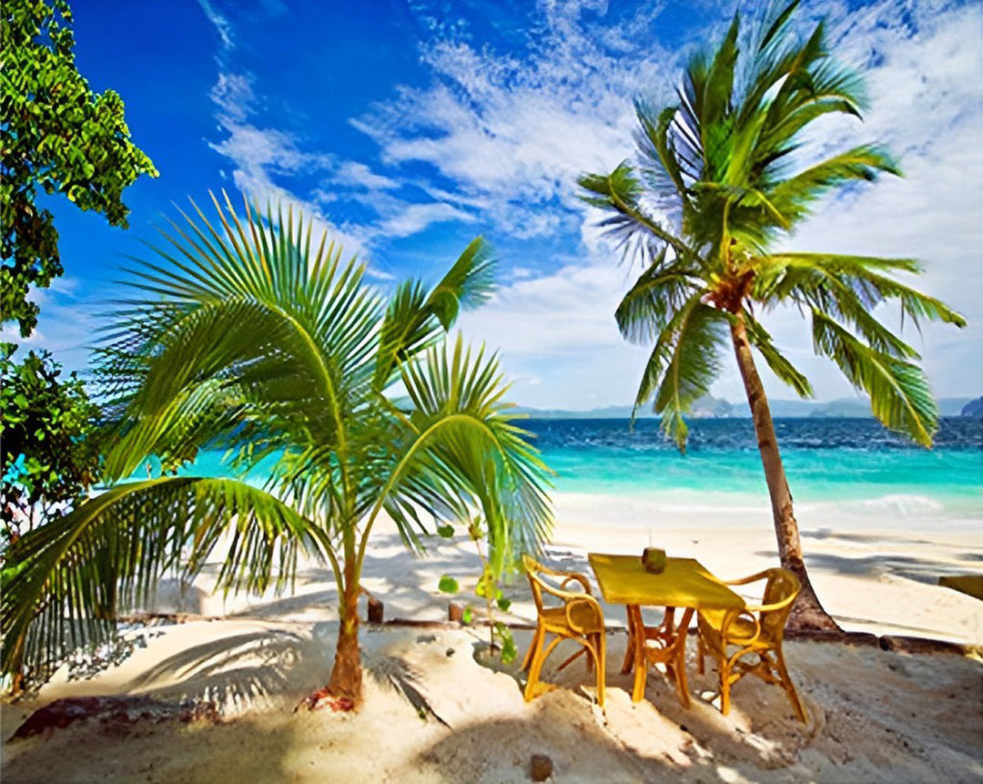 Zorgeloze Sfeer van het Tropische Zandstrand met Palmen Diamond Painting