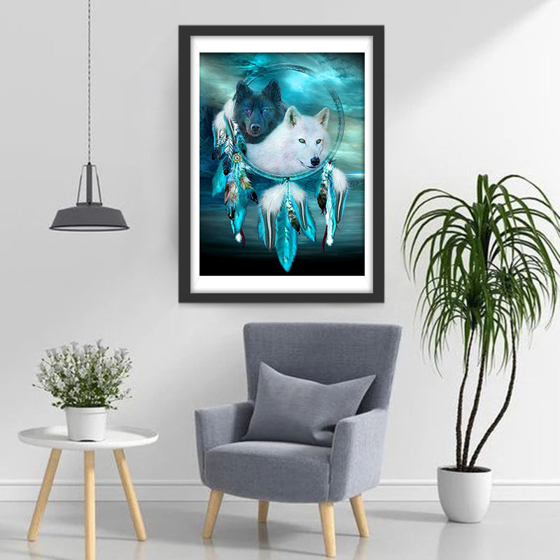 Zwarte en Witte Wolf in Dromenvanger Diamond Painting