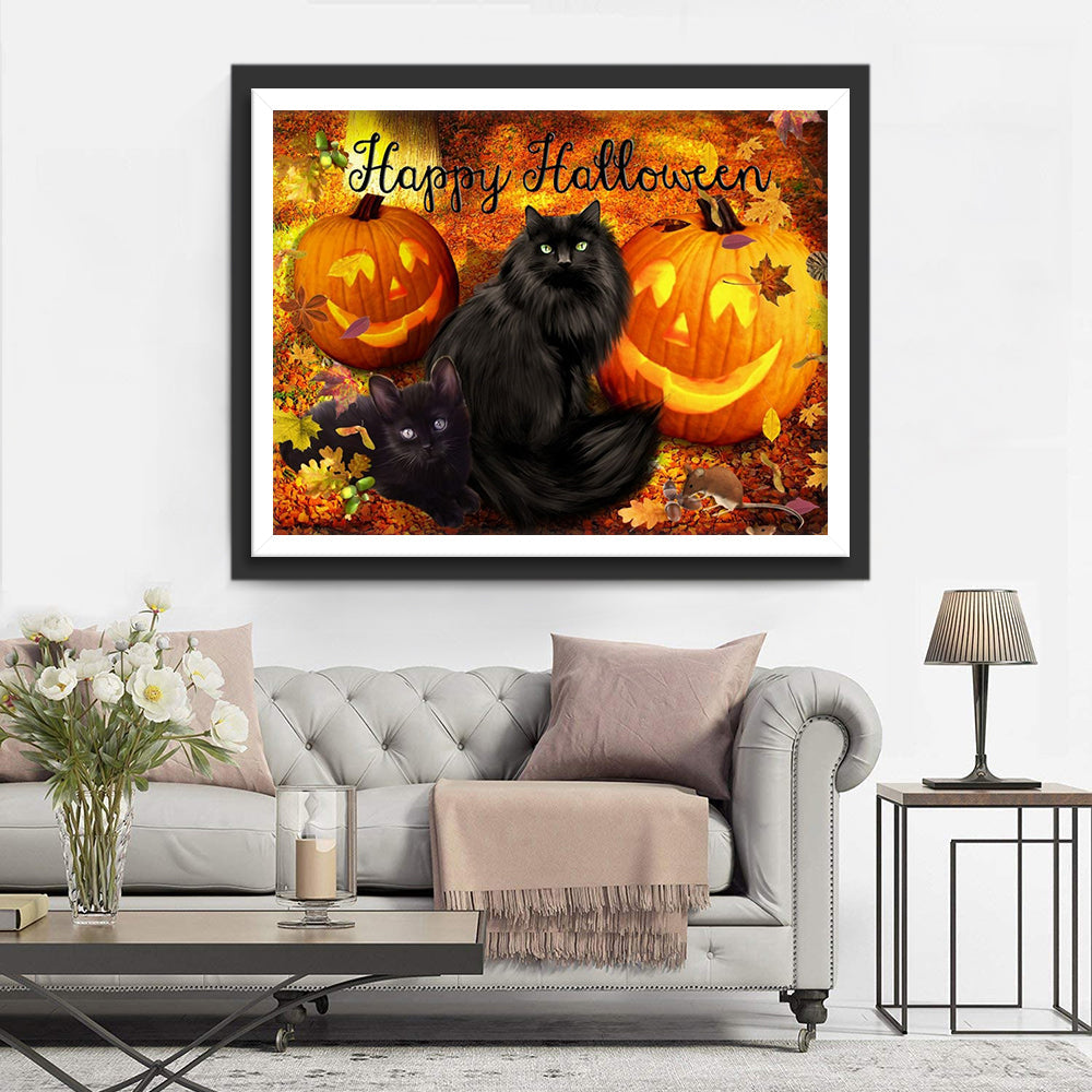 Zwarte, Fluwelen Katten bij Gloeiende Halloween-pompoenen Diamond Painting