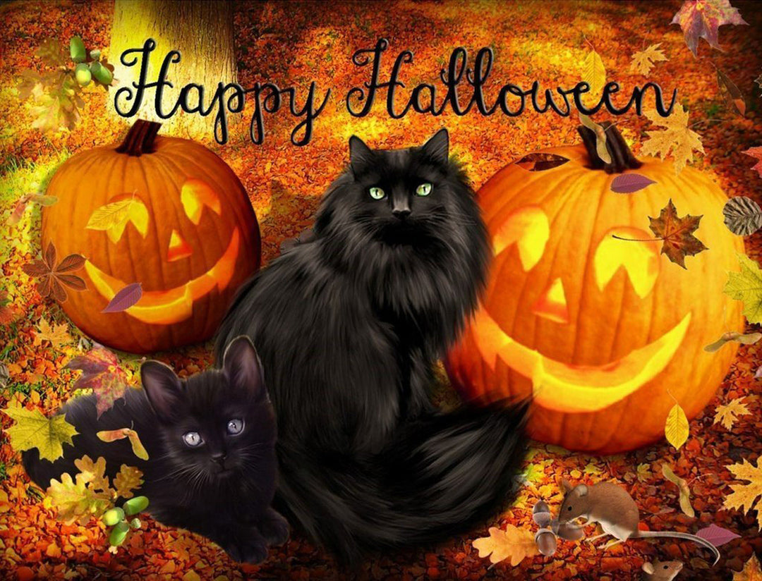 Zwarte, Fluwelen Katten bij Gloeiende Halloween-pompoenen Diamond Painting