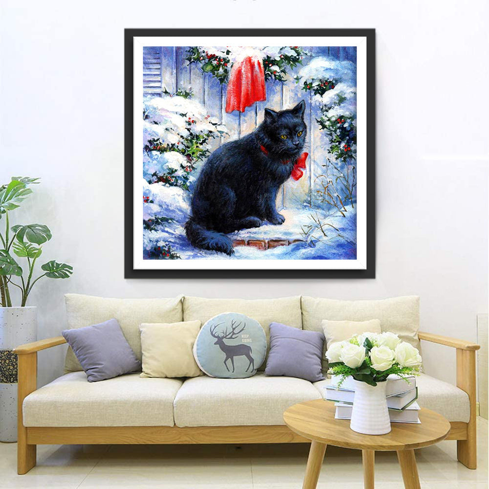 Zwarte Kat in Sneeuw Diamond Painting