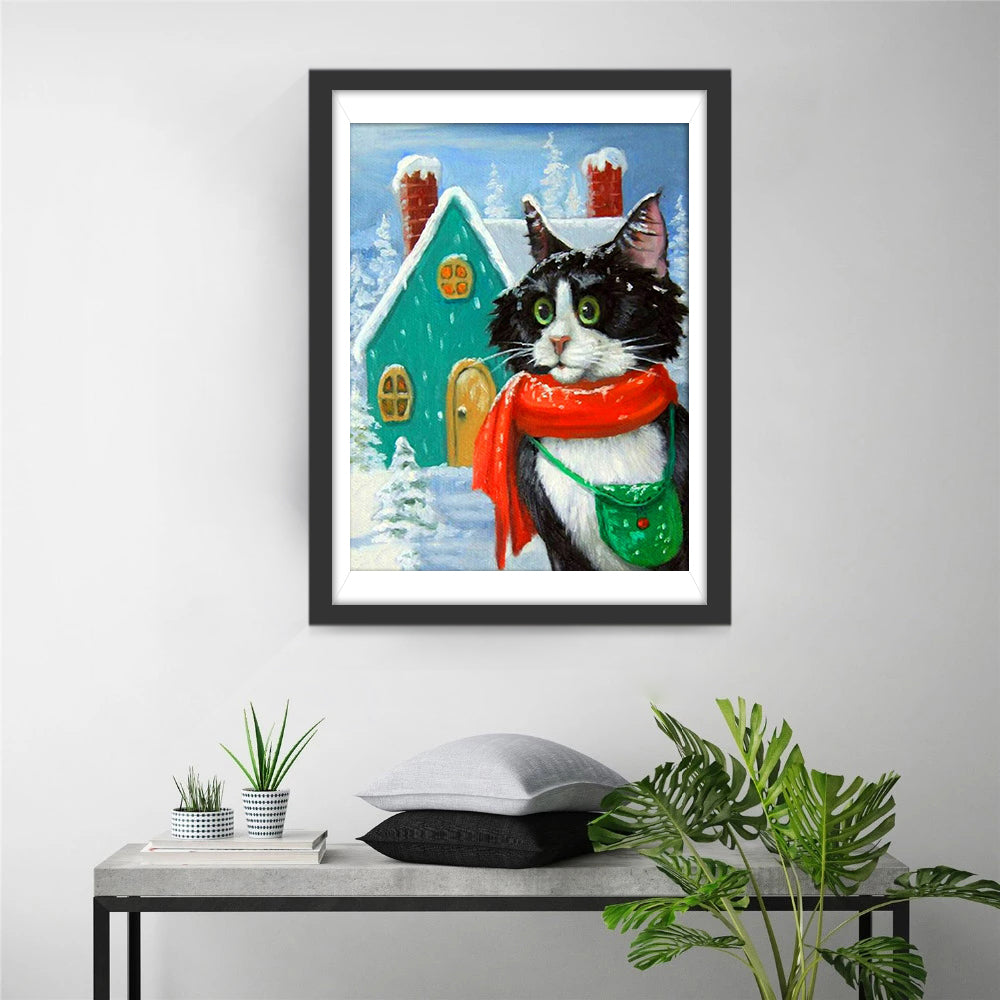 Zwarte Kat met Rode Sjaal in Winterlandschap Diamond Painting