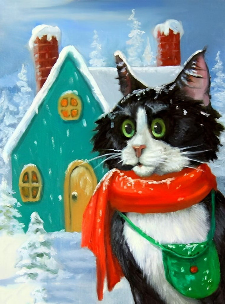 Zwarte Kat met Rode Sjaal in Winterlandschap Diamond Painting
