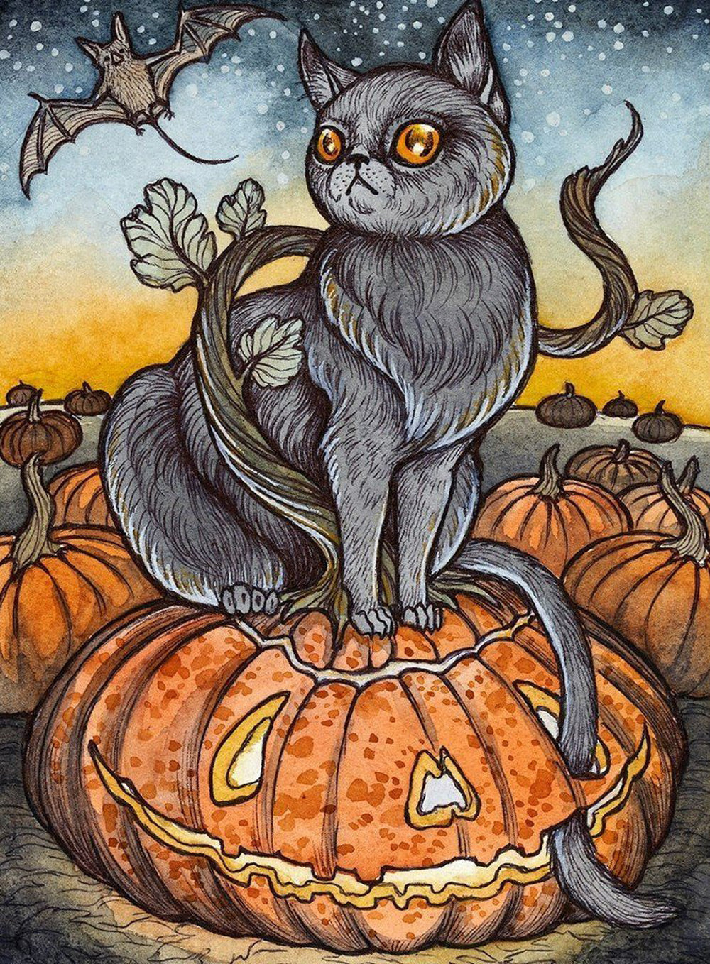 Zwarte Kat op de Griezelige Pompoen Diamond Painting