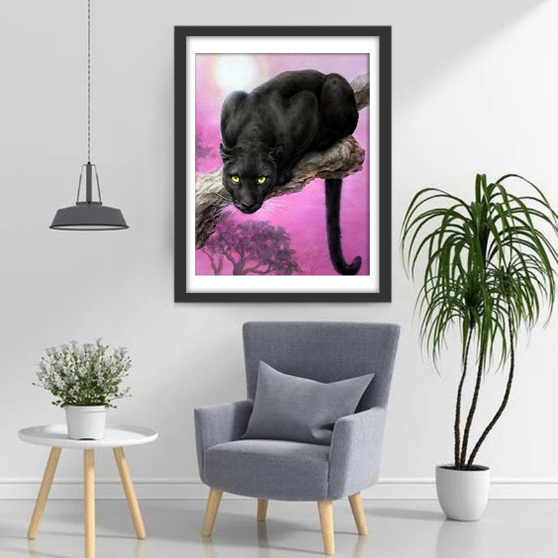 Zwarte Kat op een Boom onder een Roze Lucht Diamond Painting