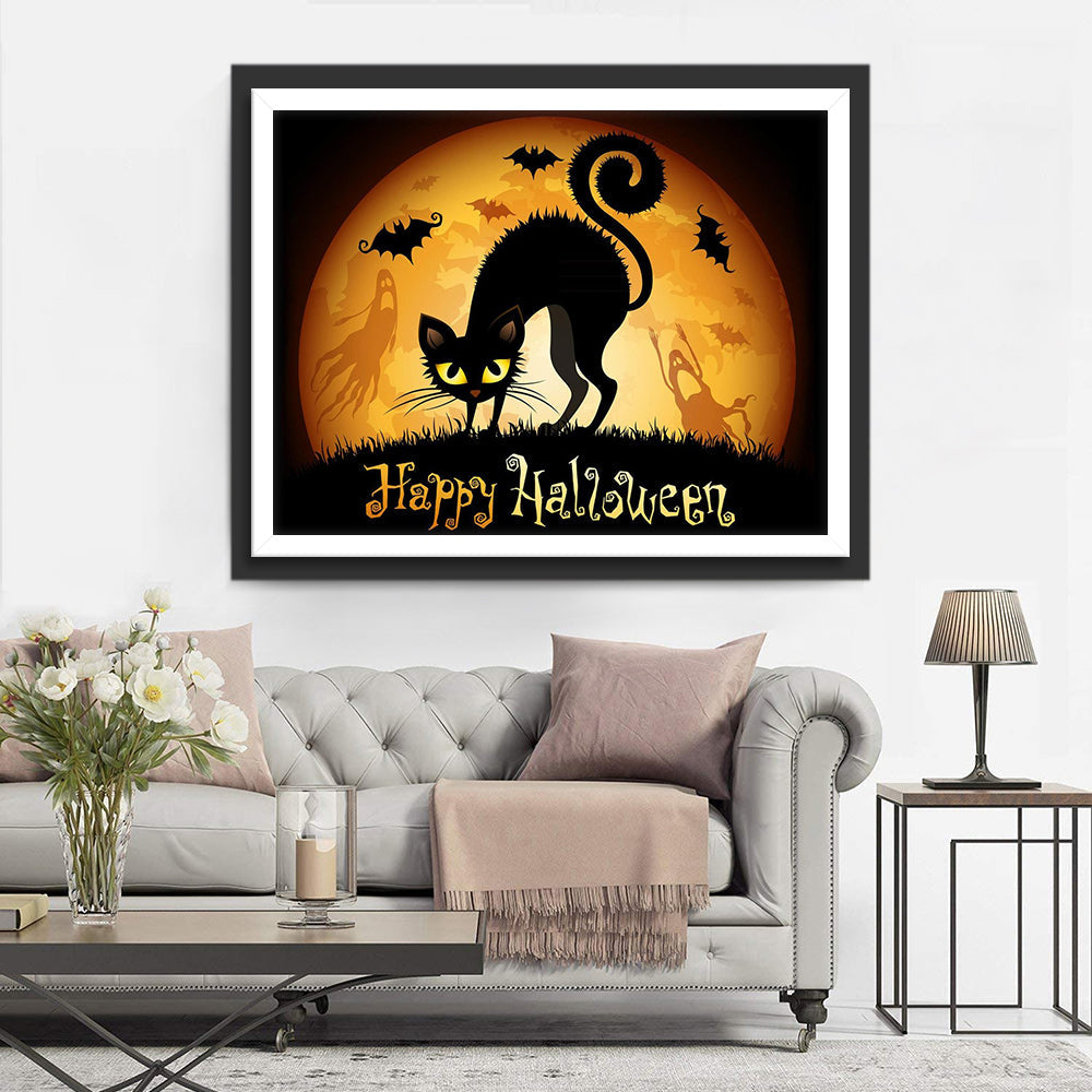 Zwarte Kat tegen Maan, Halloween-sfeer Diamond Painting