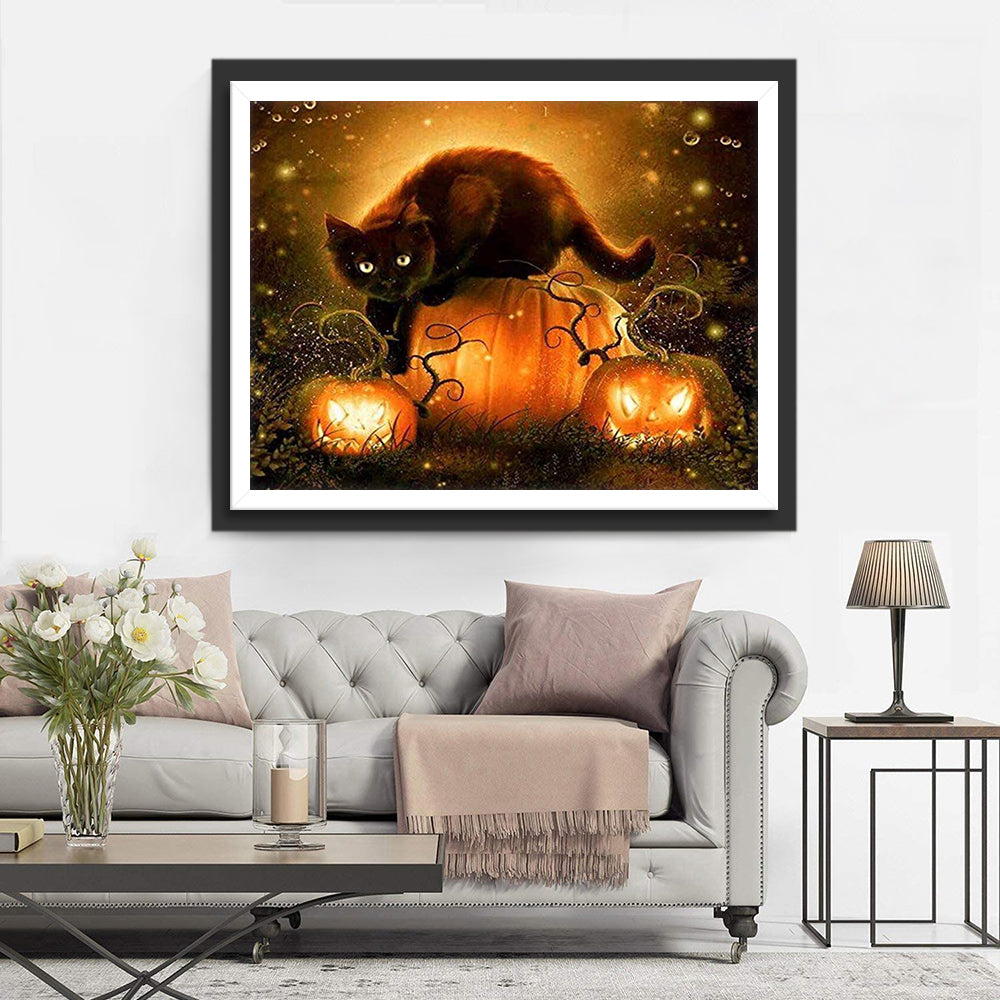 Zwarte, Mysterieuze Kat op Gloeiende Halloween-pompoen Diamond Painting