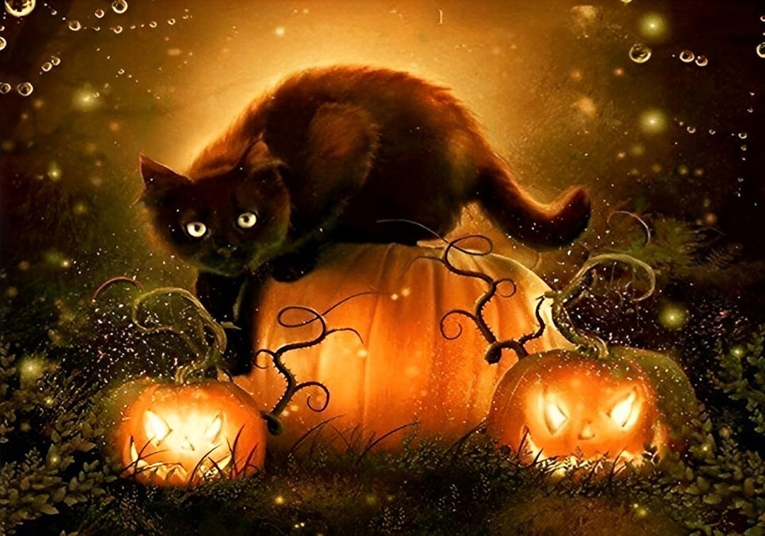 Zwarte, Mysterieuze Kat op Gloeiende Halloween-pompoen Diamond Painting
