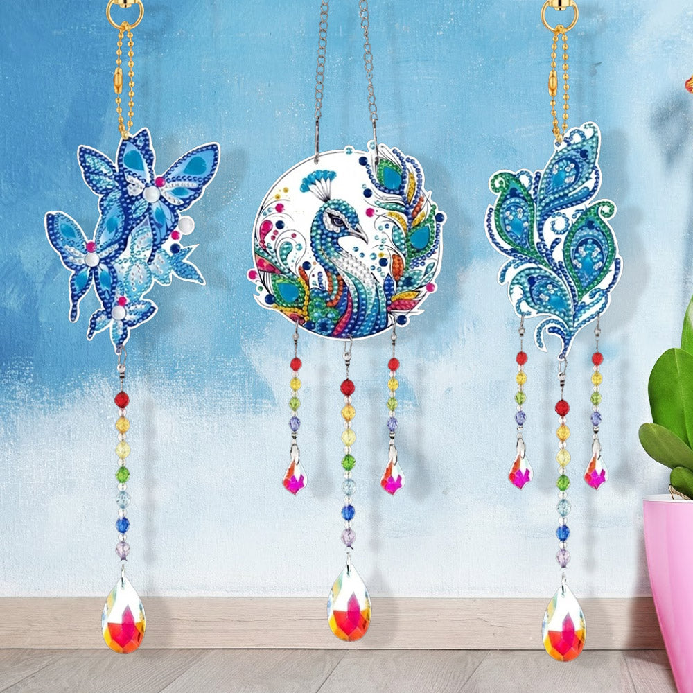 3 Stuks Dubbelzijdig Diamond Painting Kristallen Zonnevanger Hangornament - Blauwe Vlinders en Pauw