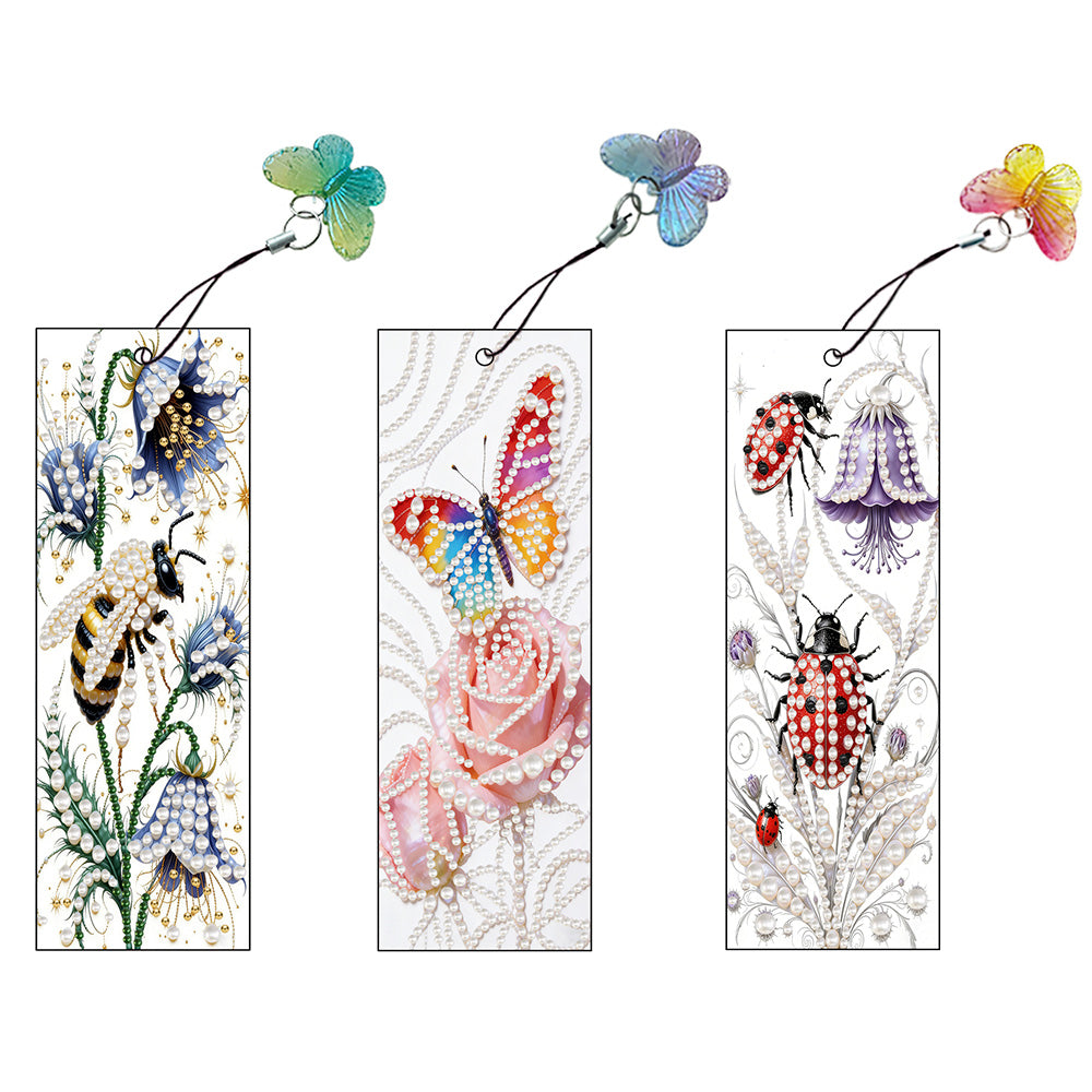 3 Stuks Parel Diamond Painting Boekenlegger Set – Vliegende Insecten en Bloemen