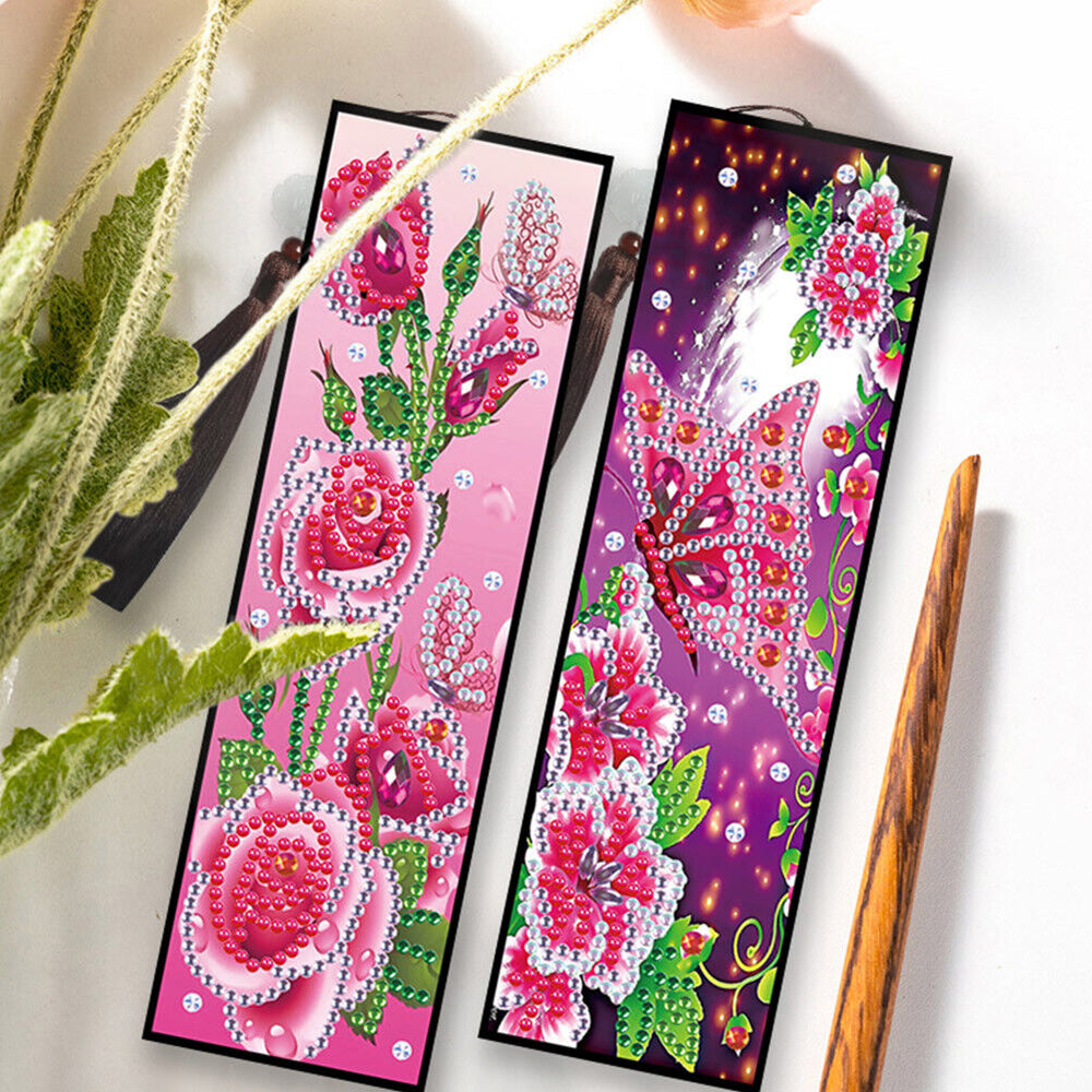 2 Stuks Roze Roos en Vlinder Leren Boekenlegger Diamond Painting