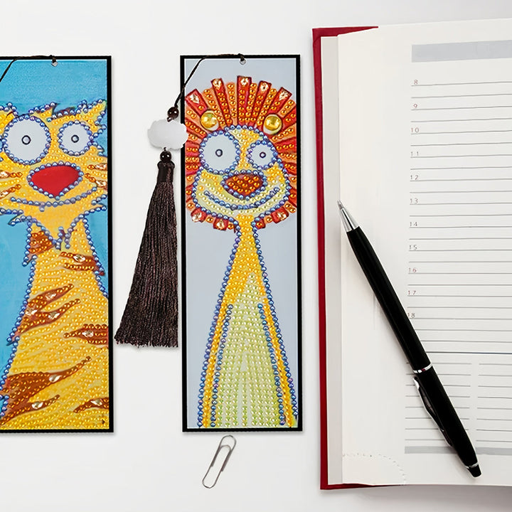 2 Stuks Cartoon Tijger en Leeuw Leren Boekenlegger Diamond Painting