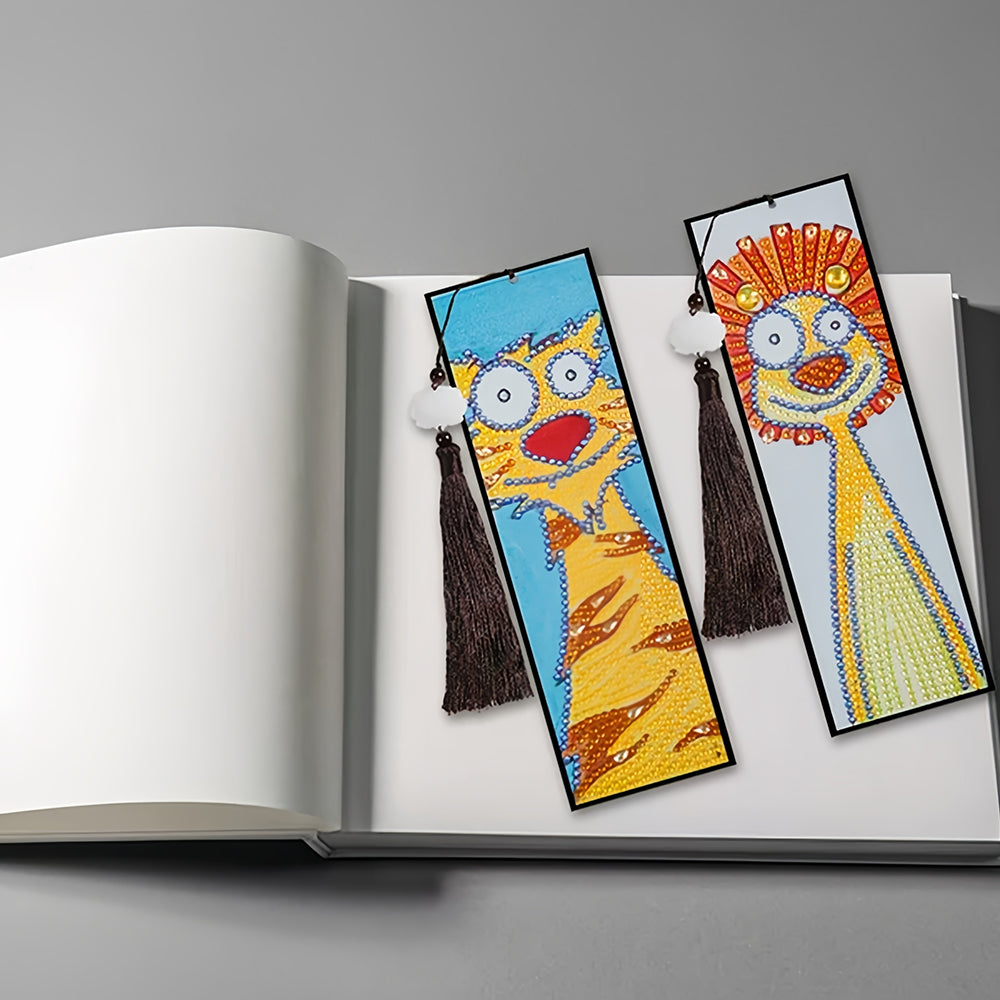 2 Stuks Cartoon Tijger en Leeuw Leren Boekenlegger Diamond Painting