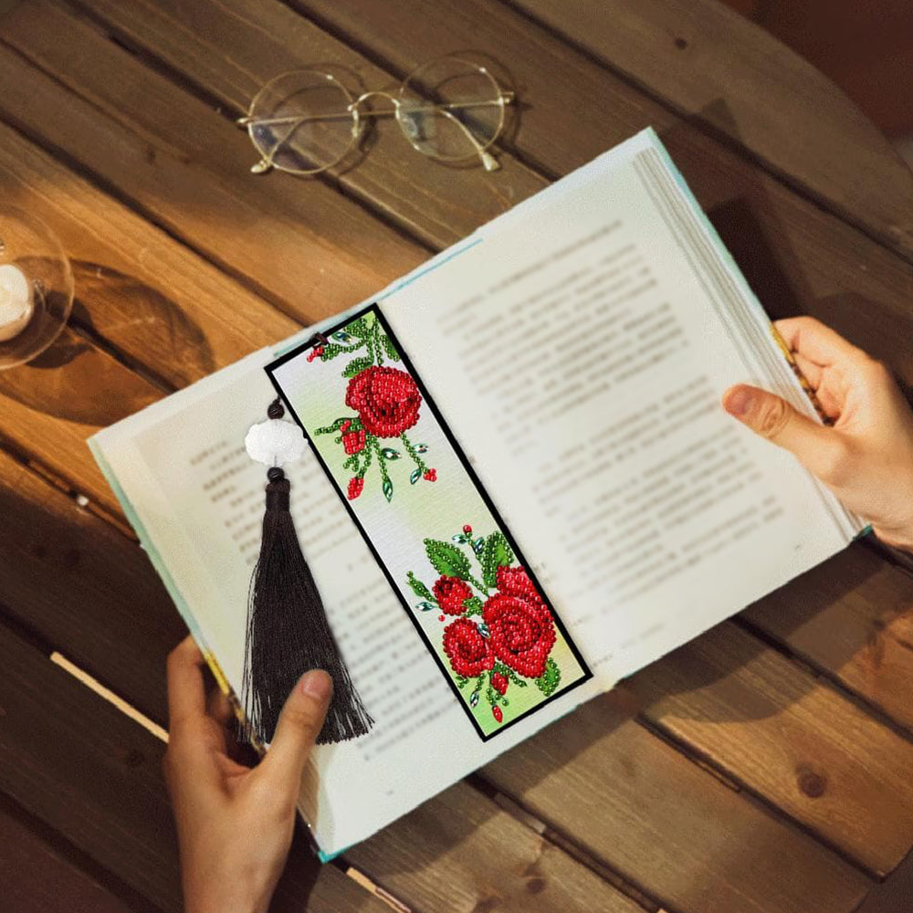 Rode Rozenbloemen Leren Boekenlegger Diamond Painting