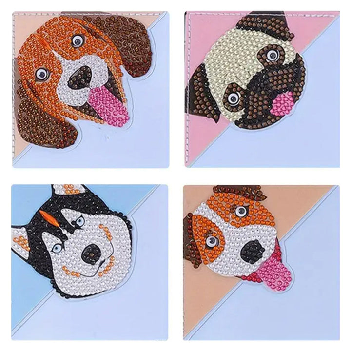 4 Stuks Schattige Lachende Hond PU-Hoekhoes Boekenlegger Diamond Painting