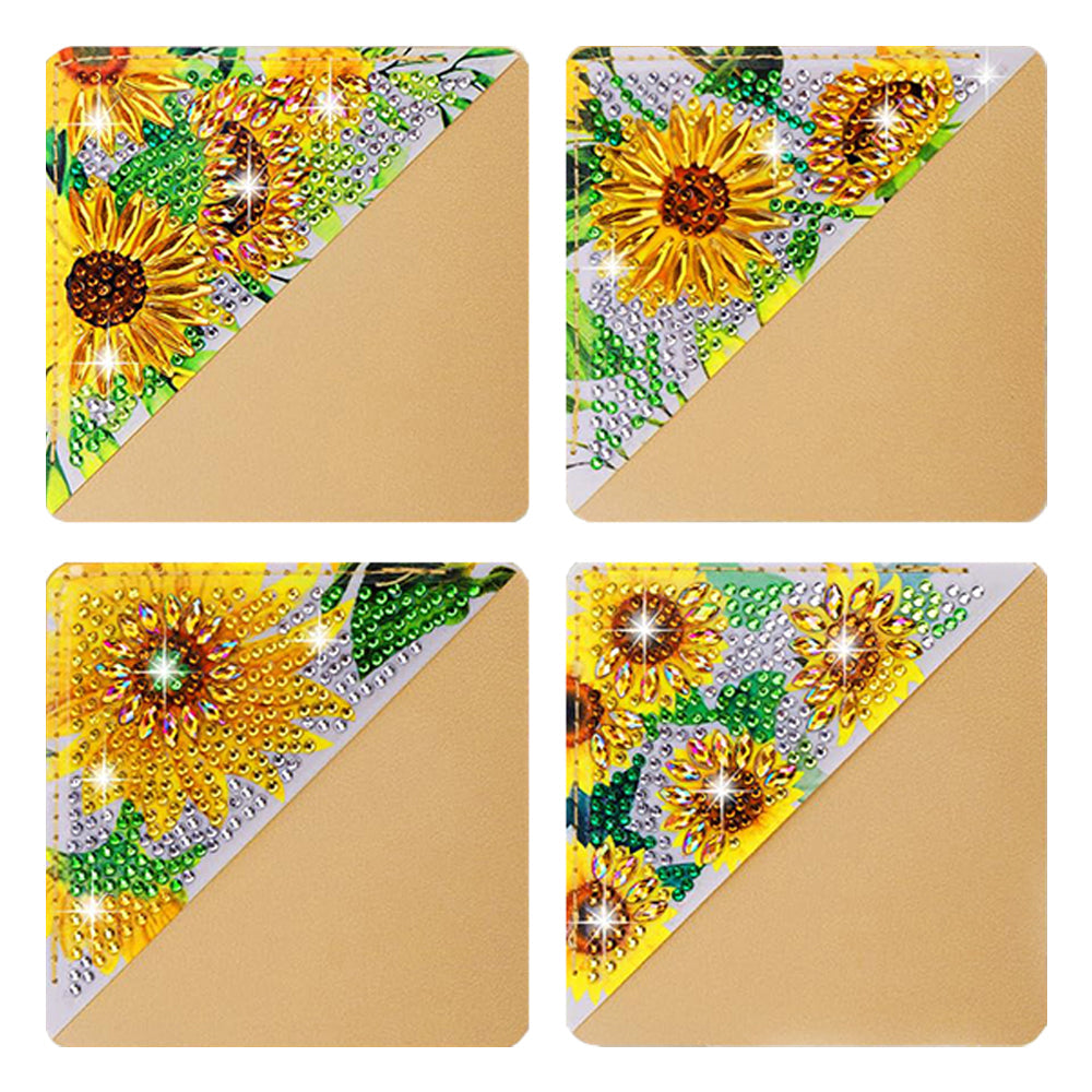 4 Stuks Schitterende Zonnebloemen PU-Hoekhoes Boekenlegger Diamond Painting