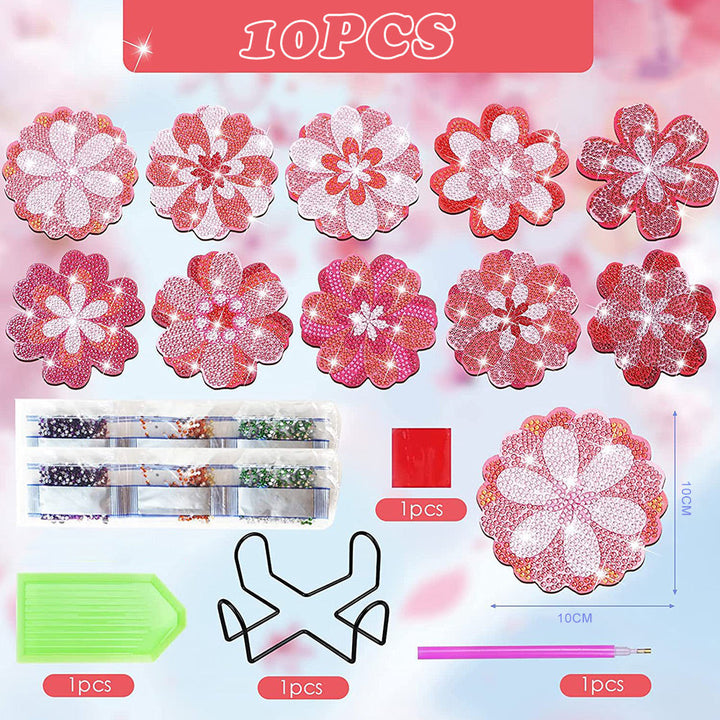 Roze Bloemen Diamond Painting Onderzetters 10 Stuks