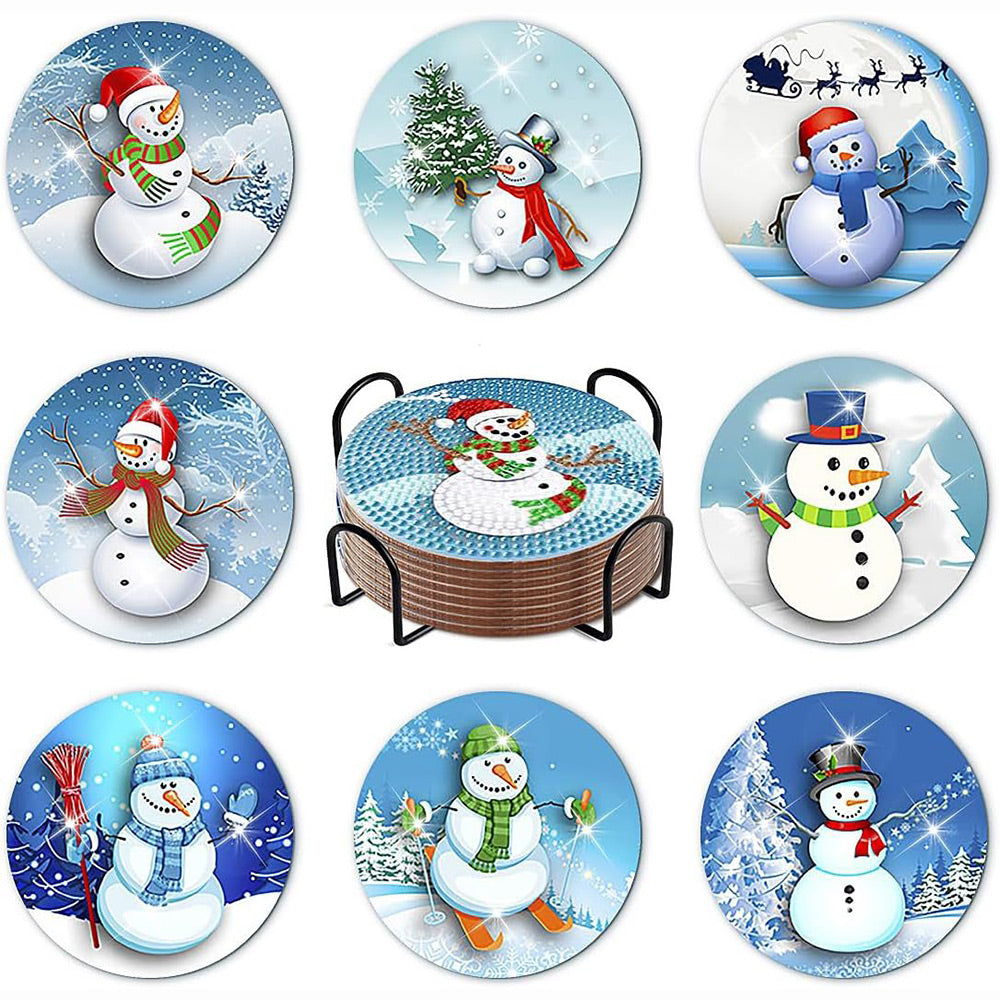 Kerst Sneeuwpop Diamond Painting Onderzetters 8 Stuks