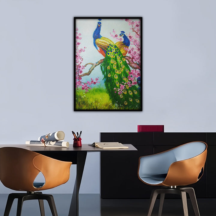 Groene Pauw en Roze Bloemenboom Speciaal Gevormde Boren Diamond Painting