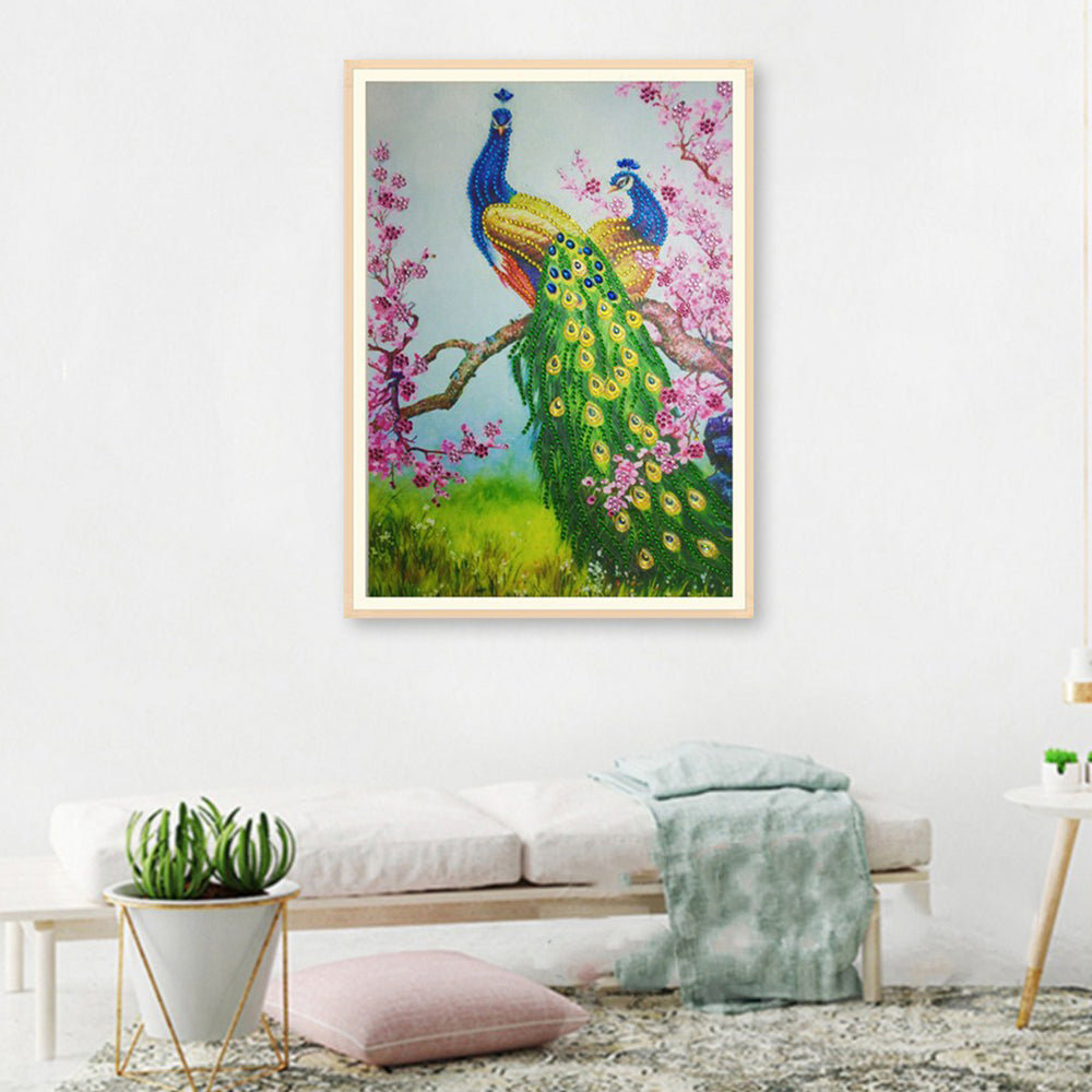 Groene Pauw en Roze Bloemenboom Speciaal Gevormde Boren Diamond Painting