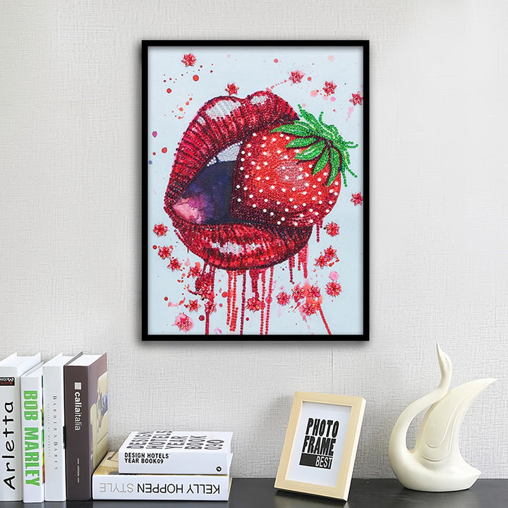 Rode Lippen Eten Aardbei Speciaal Gevormde Boren Diamond Painting