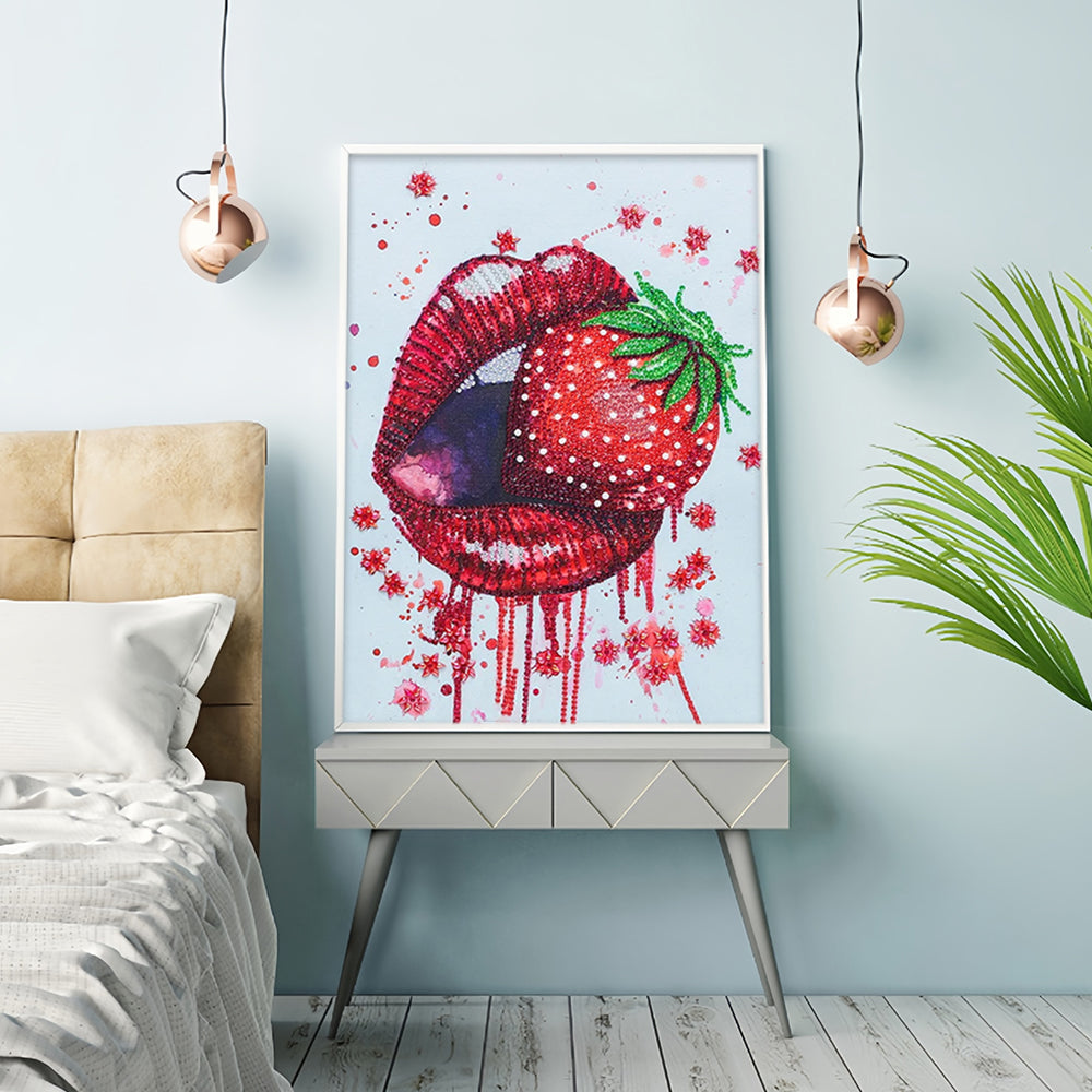 Rode Lippen Eten Aardbei Speciaal Gevormde Boren Diamond Painting