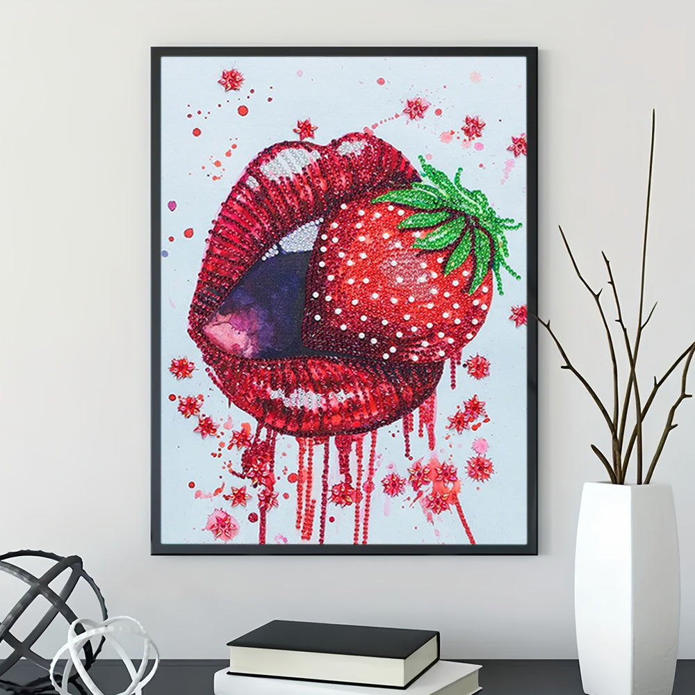 Rode Lippen Eten Aardbei Speciaal Gevormde Boren Diamond Painting